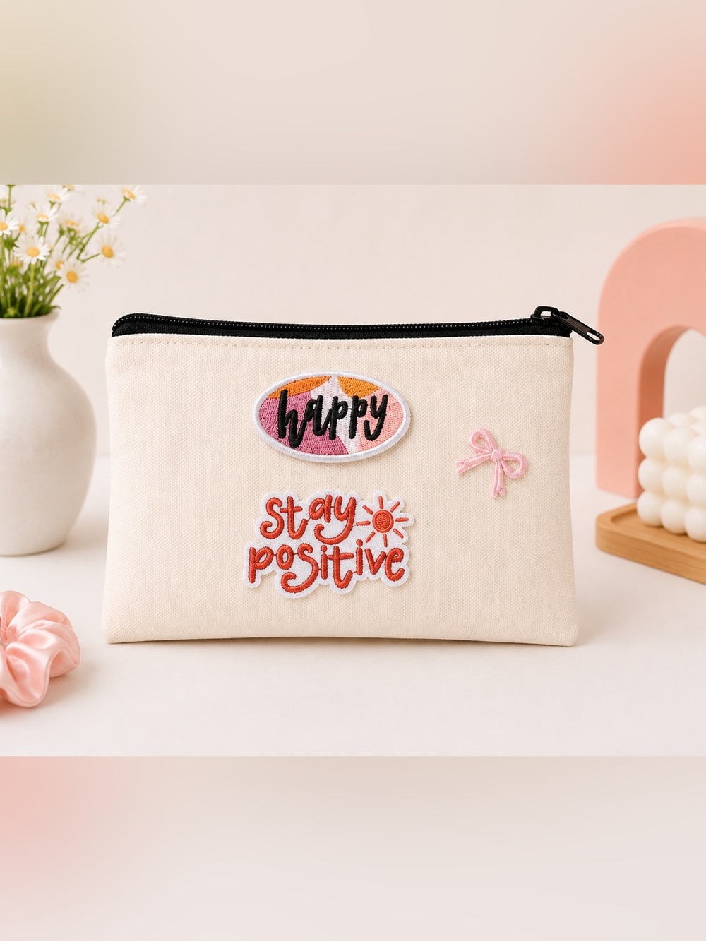 Handmade Canvas Makeup Pouch | Stay Positive | Cosmetic Bag
